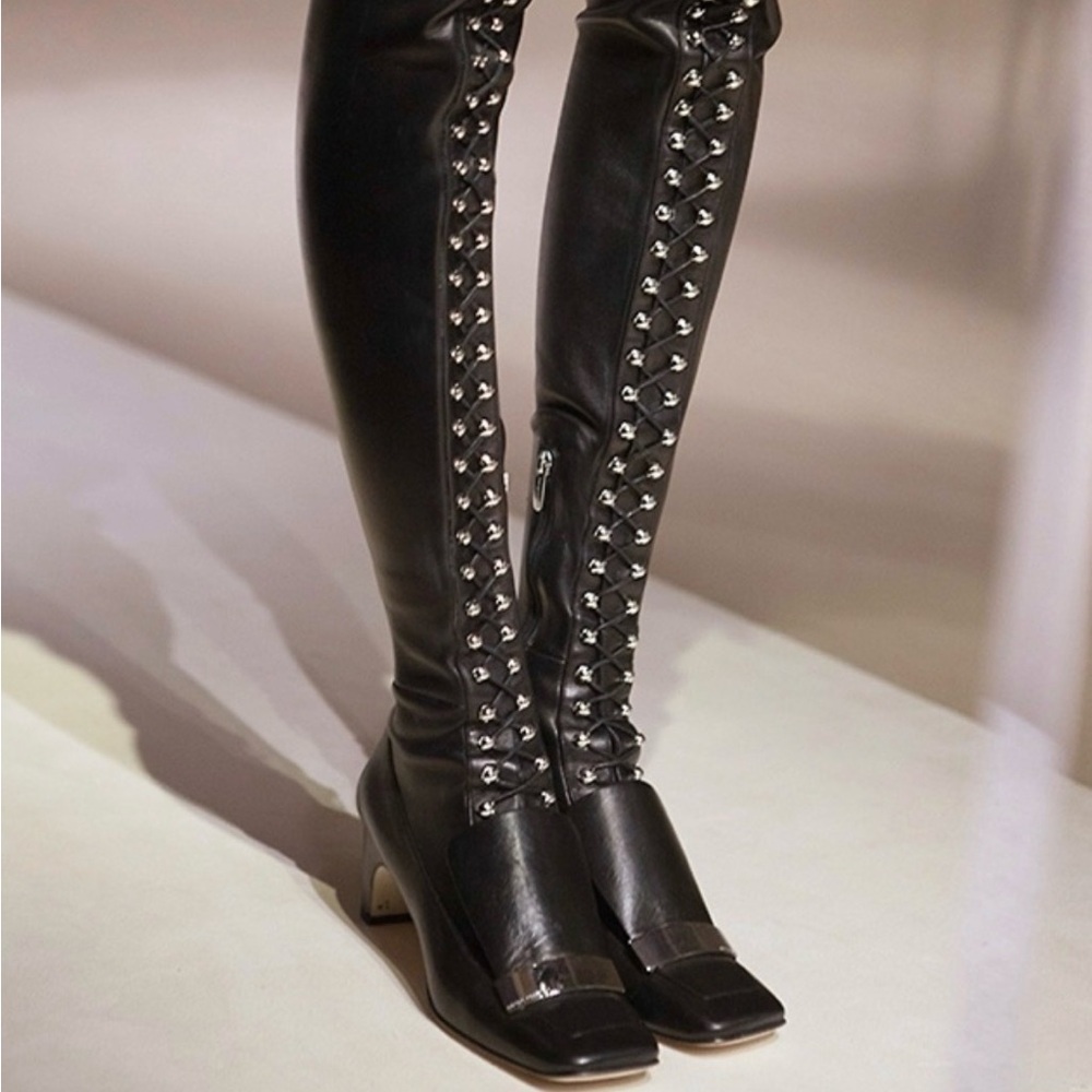 Sergio Rossi Knee High Boots Leather buckle and lace $4,074